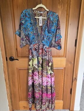 NWT, White Waves, Multicolor Patchwork Maxi Dress with V-Neck, Sz. OS